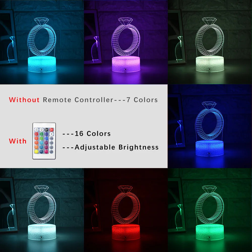 3D laser-engraved diamond ring design LED night light illuminated with colour-changing lights