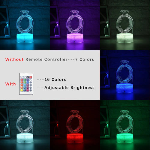 3D laser-engraved diamond ring design LED night light illuminated with colour-changing lights
