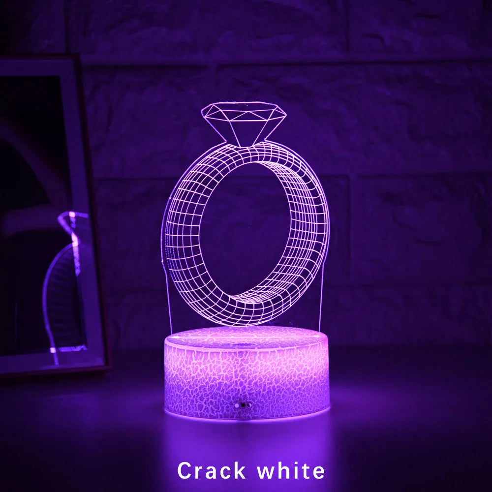 3D laser-engraved diamond ring design LED night light illuminated with colour-changing lights