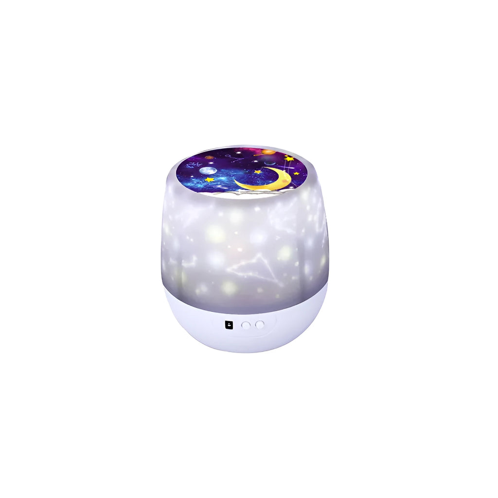 Pruixin PRX1363 rotating projector night light displaying star and moon patterns on a wall.