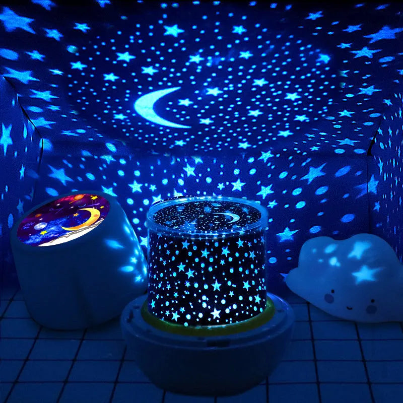 Pruixin PRX1363 rotating projector night light displaying star and moon patterns on a wall.