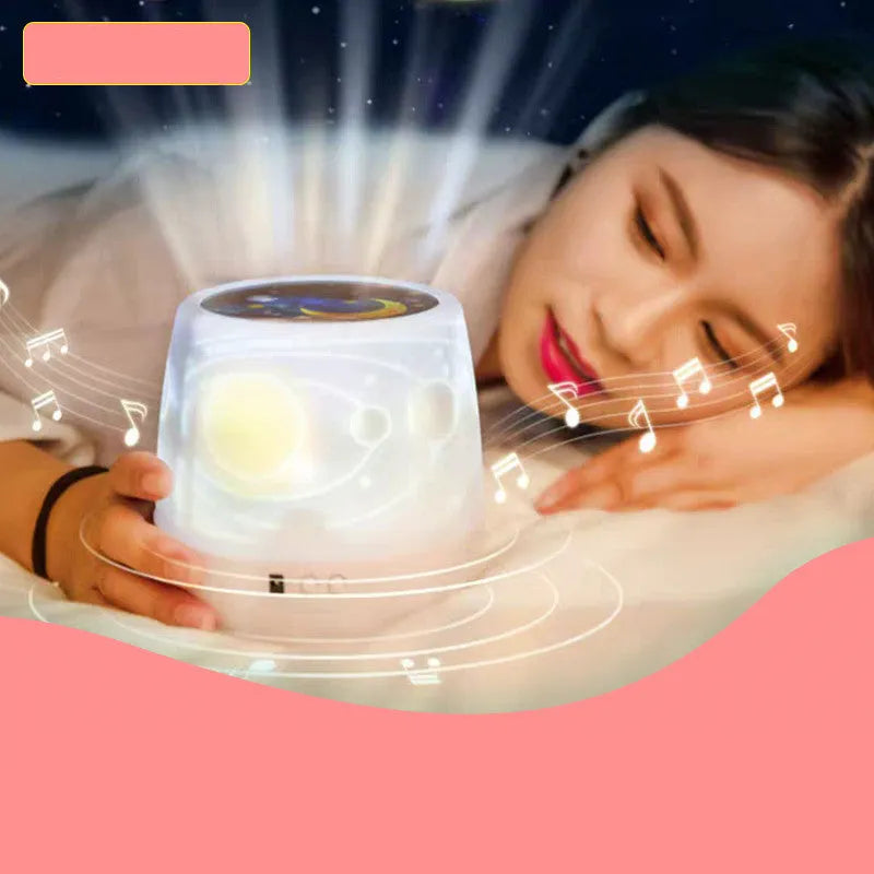 Pruixin PRX1363 rotating projector night light displaying star and moon patterns on a wall.