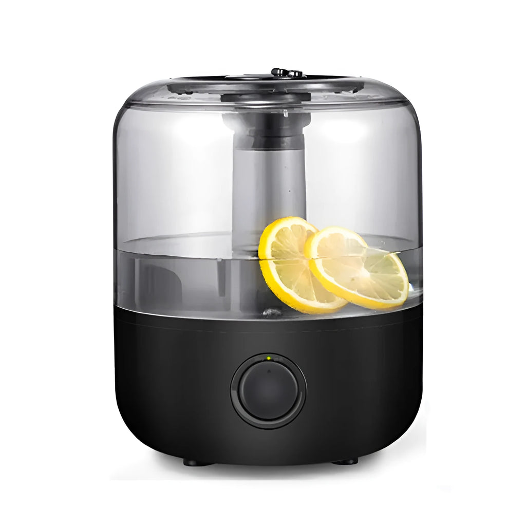 Black and white ultrasonic humidifier with 3 litre tank and aromatherapy function on bedside table