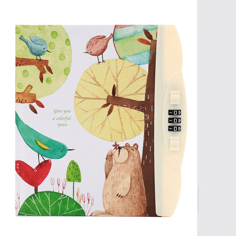 Children's lock notebook with colourful cartoon cover showing space or animal design