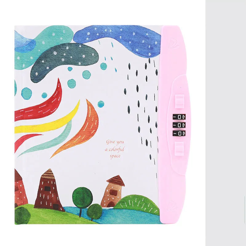 Children's lock notebook with colourful cartoon cover showing space or animal design