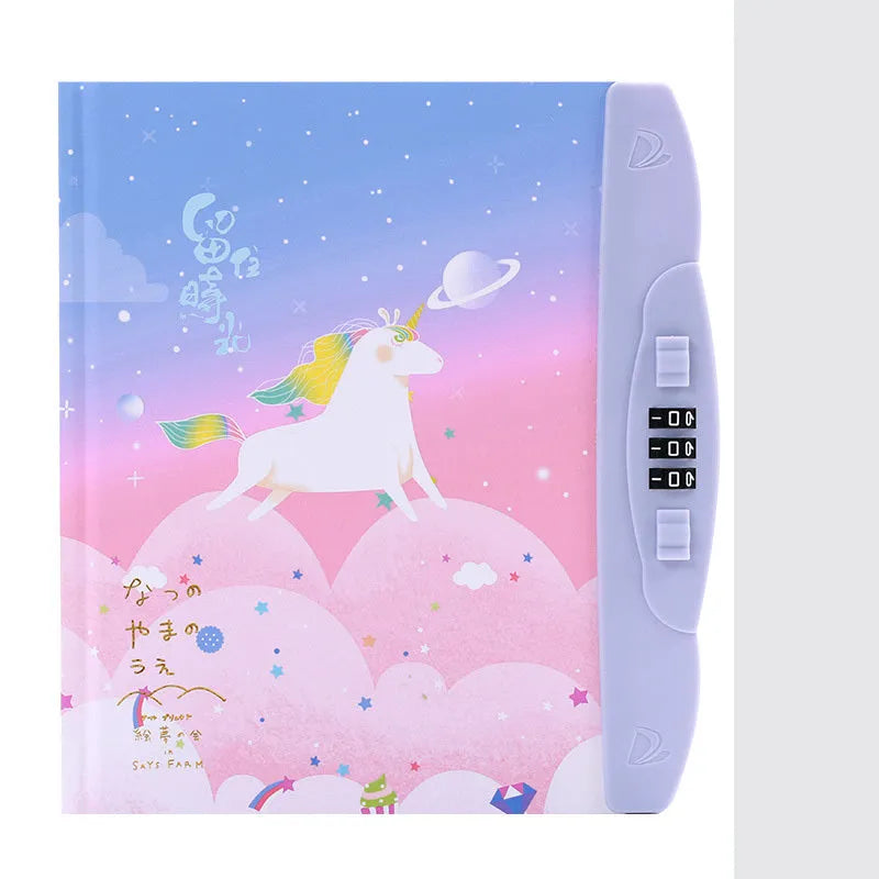 Children's lock notebook with colourful cartoon cover showing space or animal design