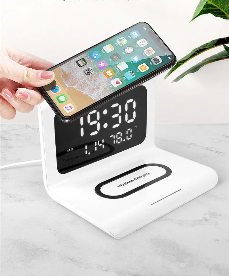 Black and white wireless charger alarm clock with calendar display and 10W Qi charging