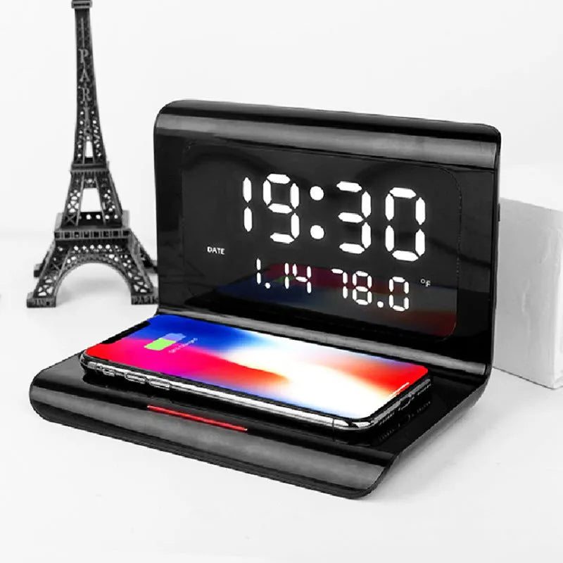 Black and white wireless charger alarm clock with calendar display and 10W Qi charging
