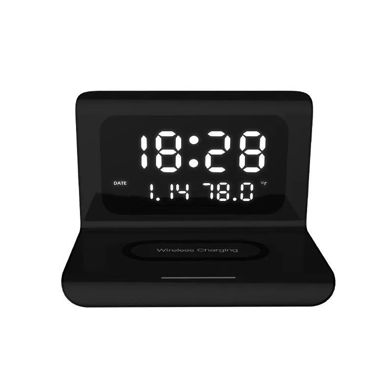 Black and white wireless charger alarm clock with calendar display and 10W Qi charging
