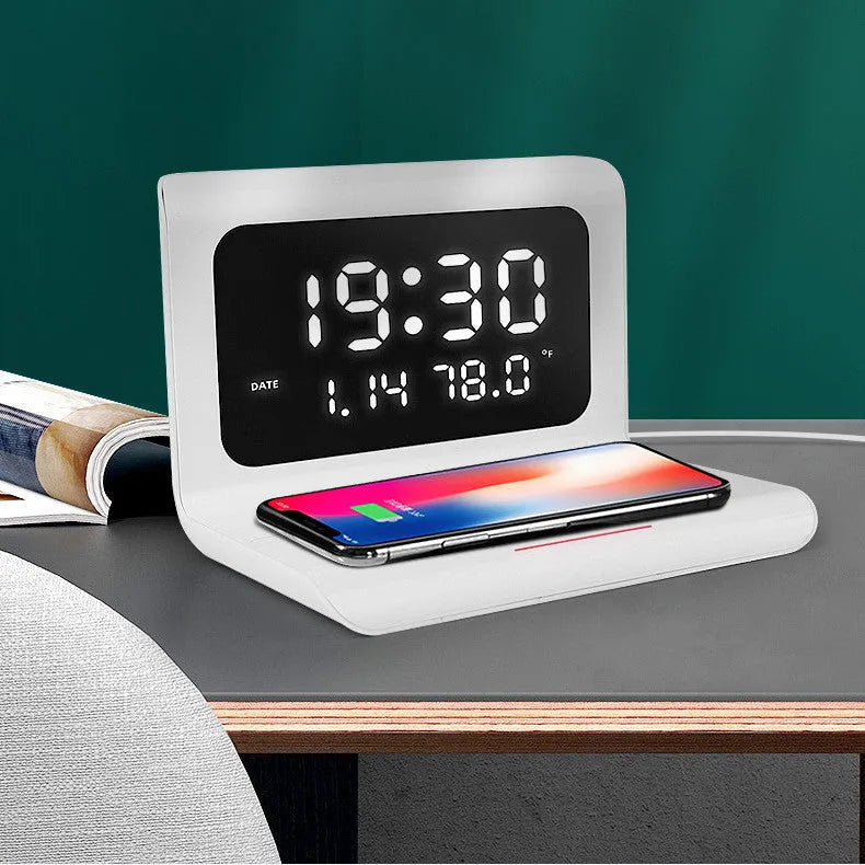 Black and white wireless charger alarm clock with calendar display and 10W Qi charging
