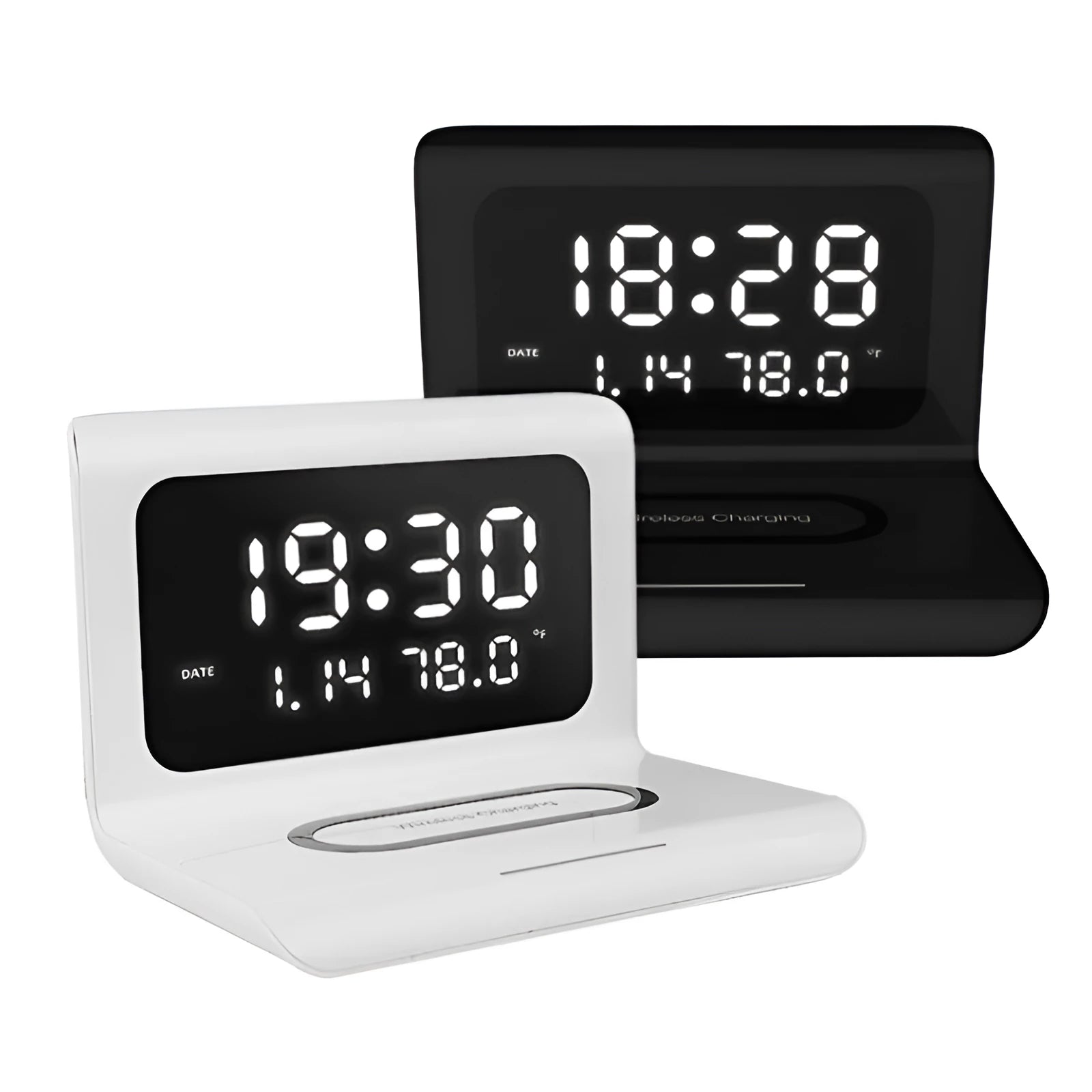 Black and white wireless charger alarm clock with calendar display and 10W Qi charging
