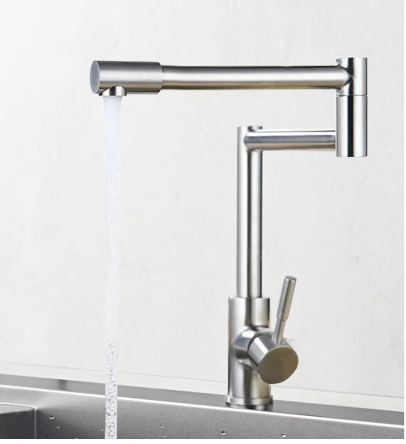 Silver stainless steel kitchen tap with 360-degree rotating spout and dual handles