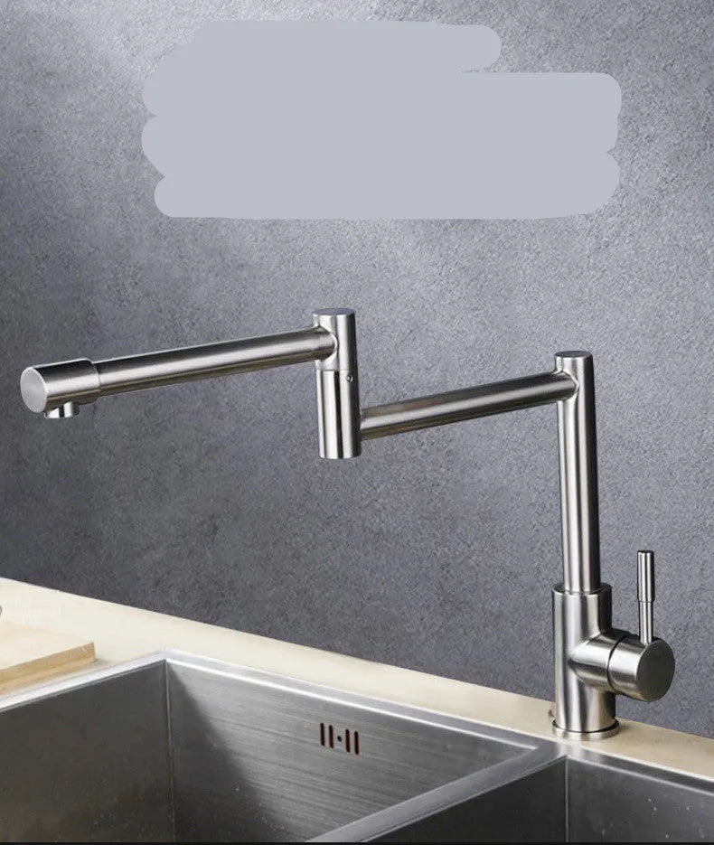 Silver stainless steel kitchen tap with 360-degree rotating spout and dual handles