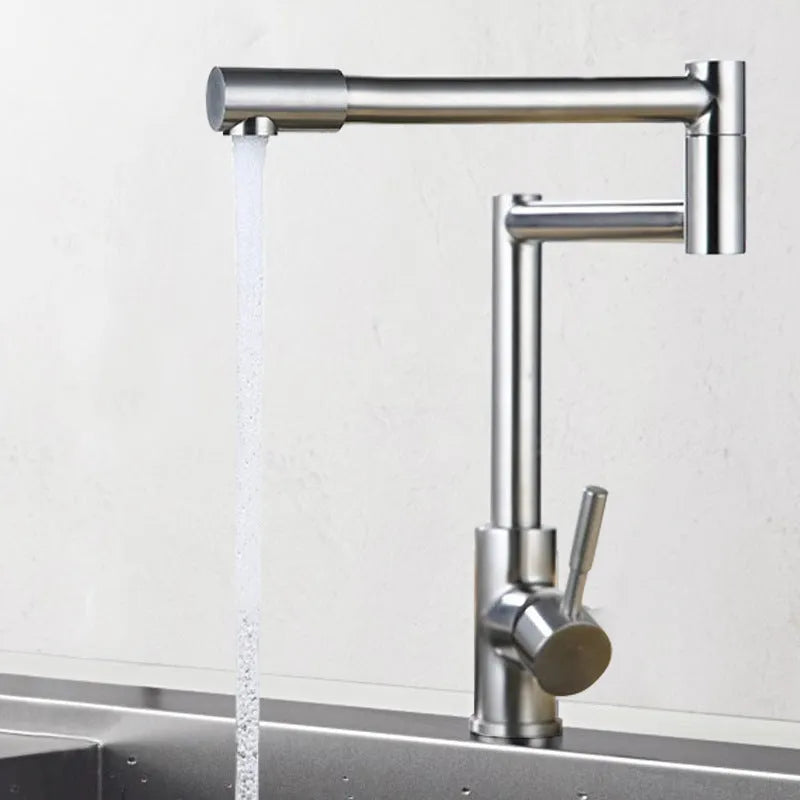 Silver stainless steel kitchen tap with 360-degree rotating spout and dual handles