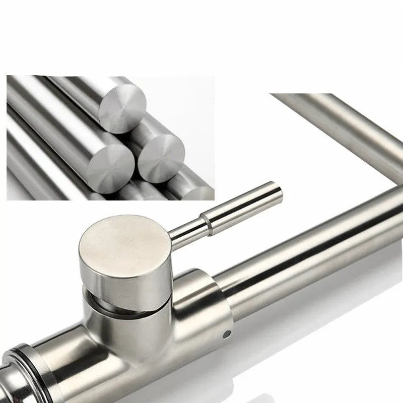 Silver stainless steel kitchen tap with 360-degree rotating spout and dual handles