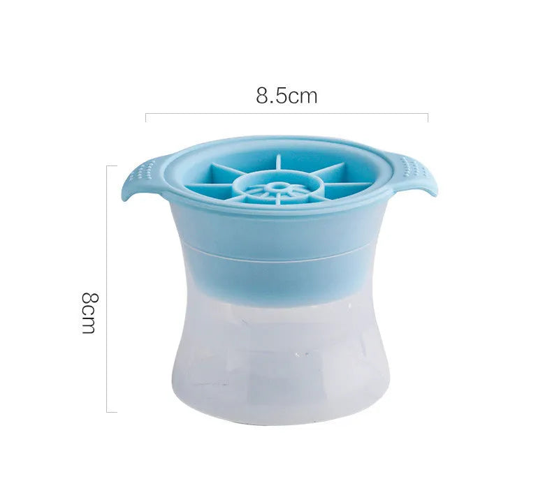 Silicone ice tray showing hockey puck shaped moulds alongside pentagon and spherical designs in light blue colour
