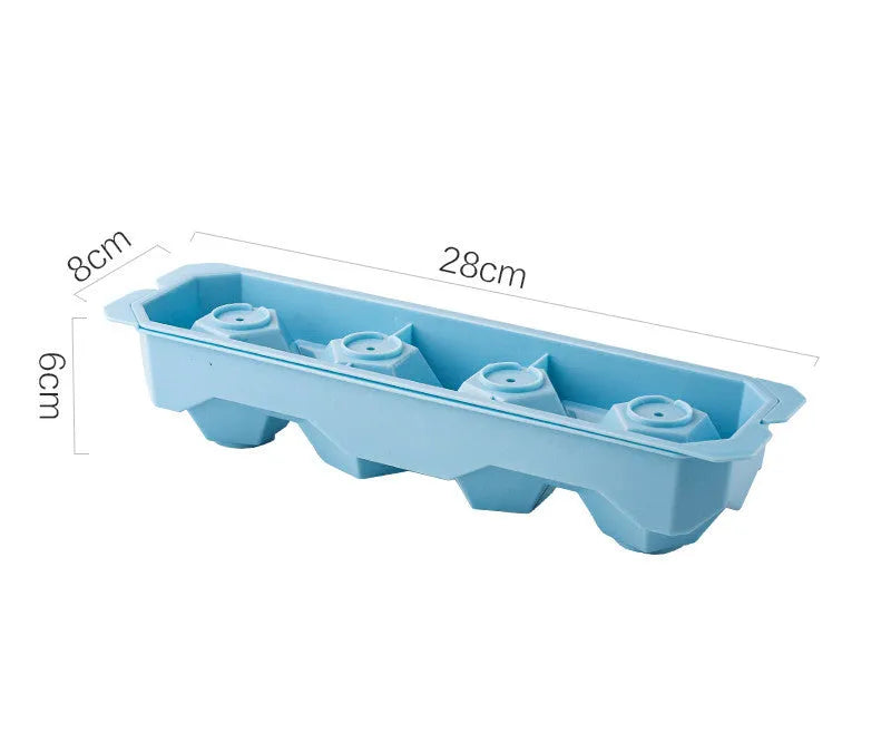 Silicone ice tray showing hockey puck shaped moulds alongside pentagon and spherical designs in light blue colour