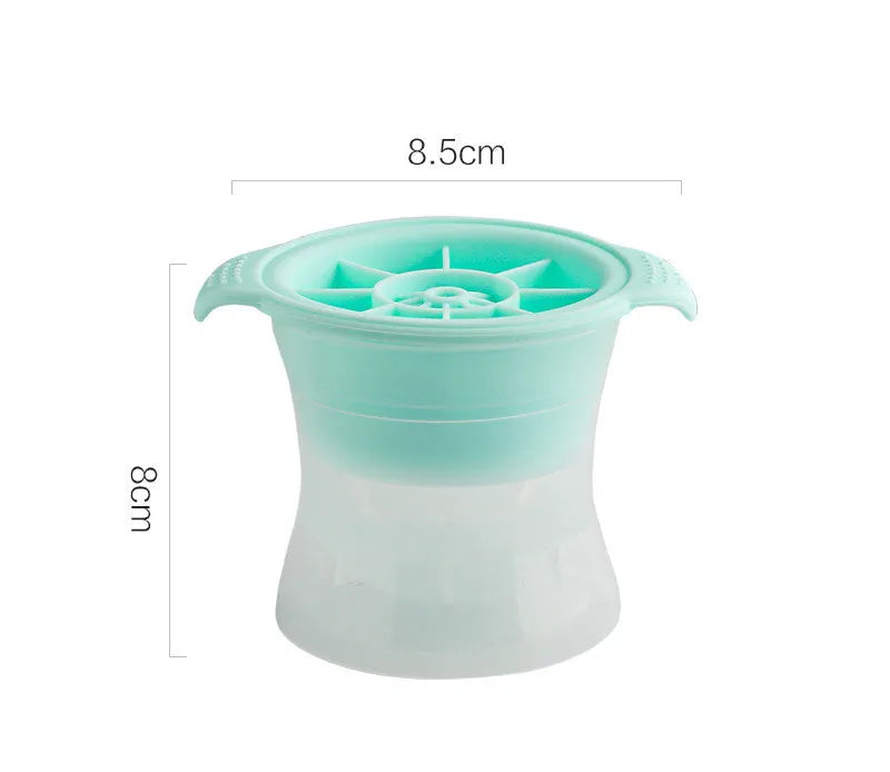 Silicone ice tray showing hockey puck shaped moulds alongside pentagon and spherical designs in light blue colour