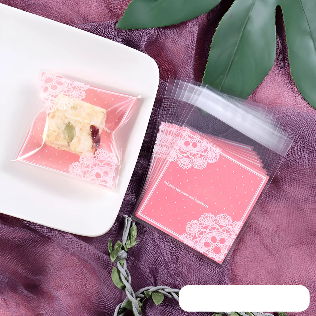 Pink self-adhesive handmade soap packaging bags with transparent plastic and adhesive strip
