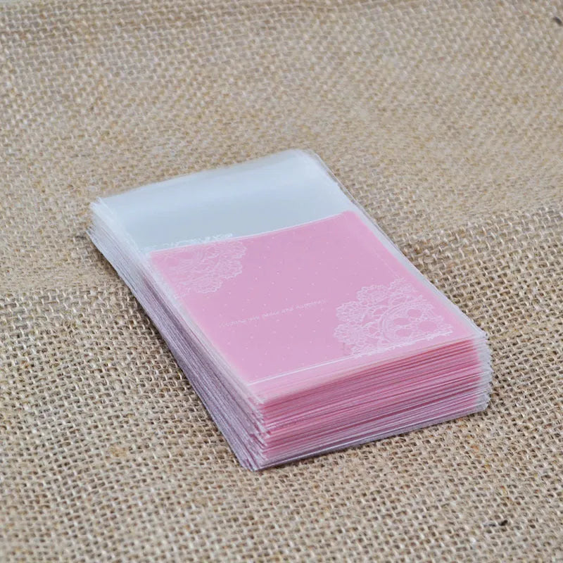 Pink self-adhesive handmade soap packaging bags with transparent plastic and adhesive strip