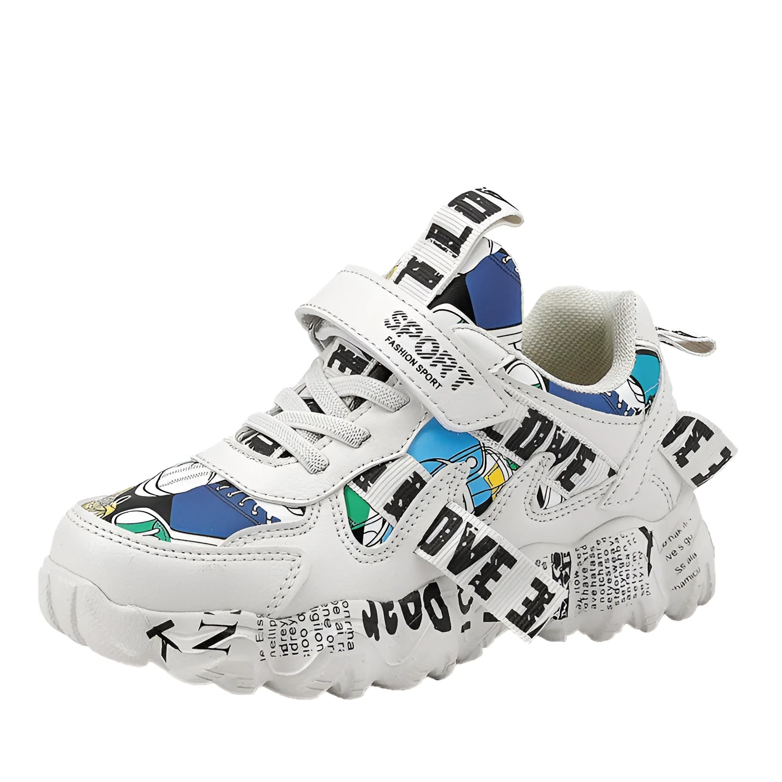 Boys' casual sneakers with Velcro straps and a thick rubber sole in beige blue, white red, and bright red colour options.
