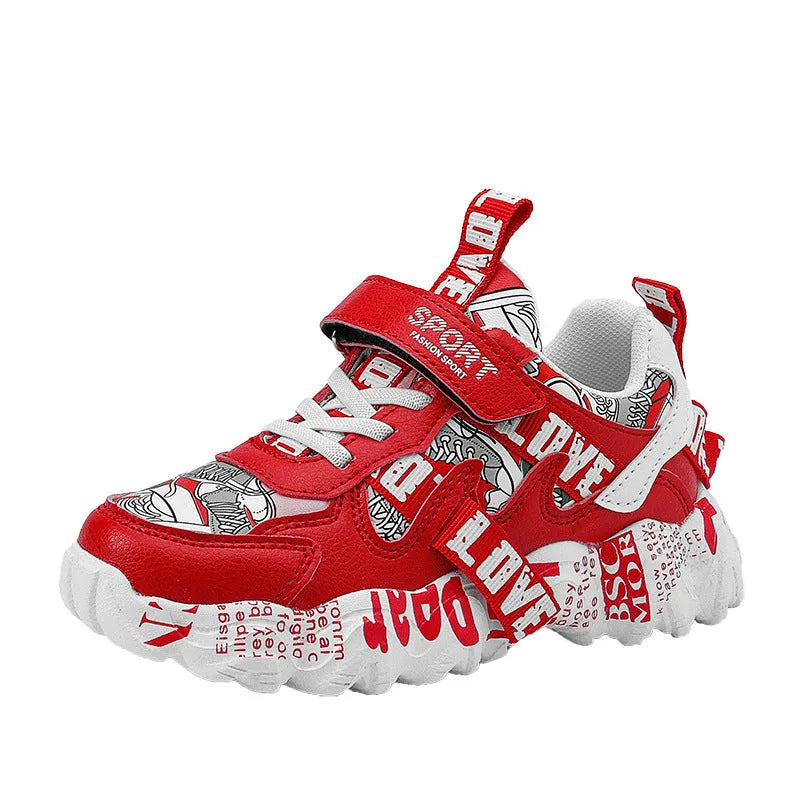 Boys' casual sneakers with Velcro straps and a thick rubber sole in beige blue, white red, and bright red colour options.