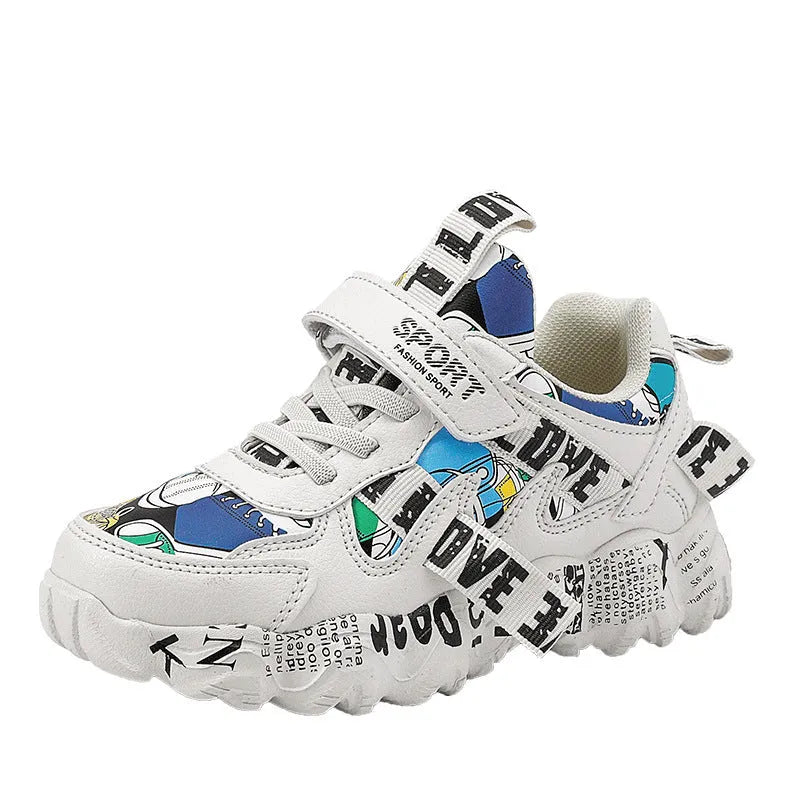 Boys' casual sneakers with Velcro straps and a thick rubber sole in beige blue, white red, and bright red colour options.