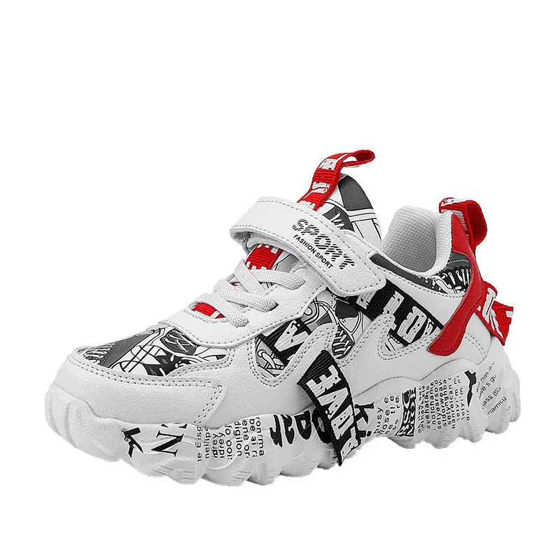 Boys' casual sneakers with Velcro straps and a thick rubber sole in beige blue, white red, and bright red colour options.