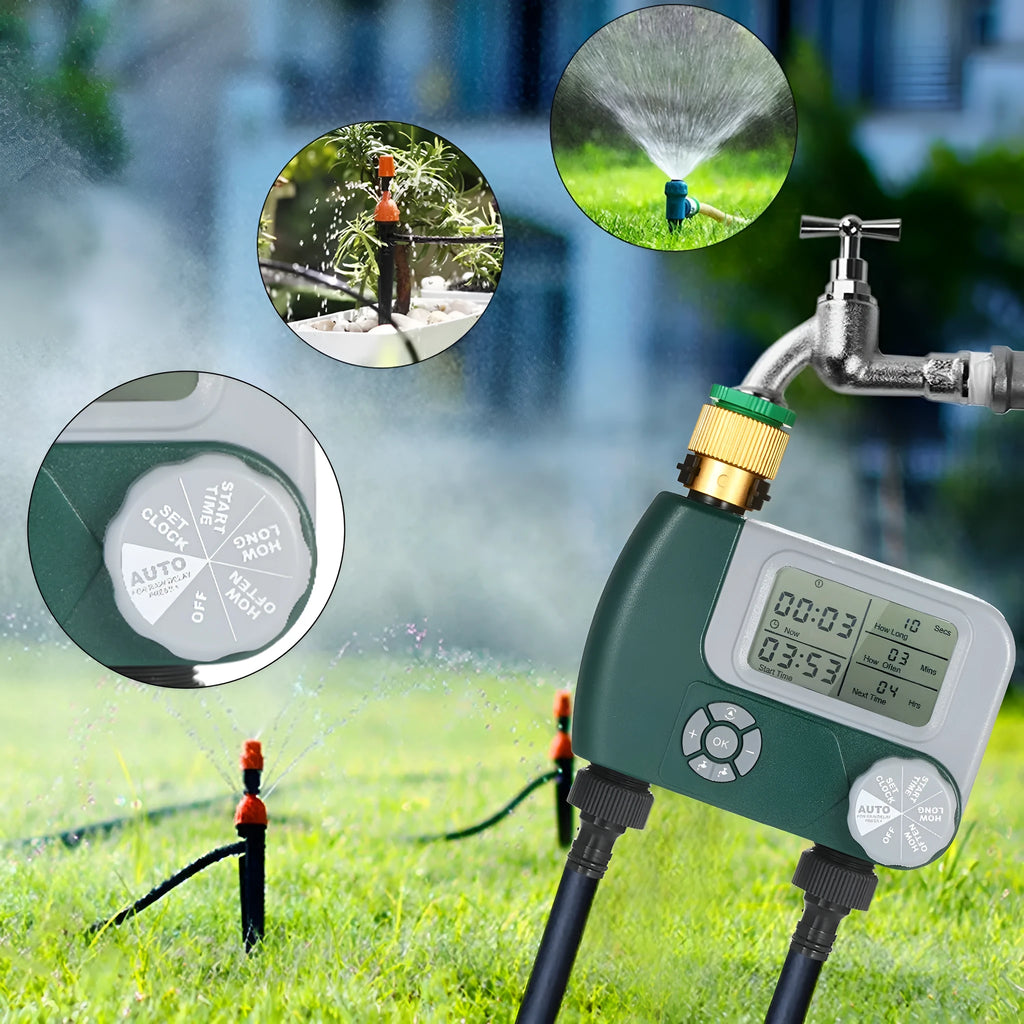 Green digital programmable garden hose faucet timer with copper connector and display