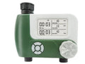 Green digital programmable garden hose faucet timer with copper connector and display