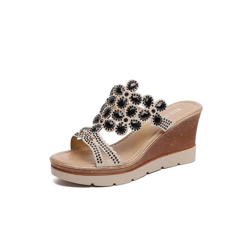 Rhinestone platform wedge sandals with slope heels, solid colour artificial PU upper and non-slip rubber sole