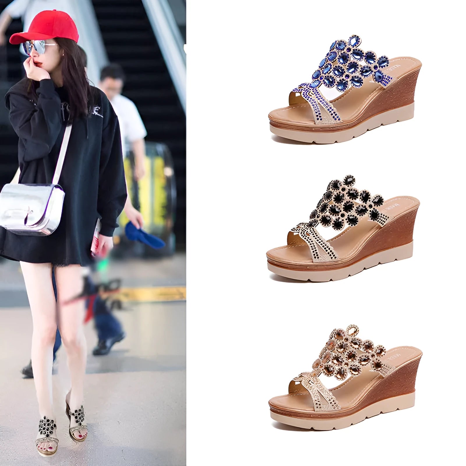 Rhinestone platform wedge sandals with slope heels, solid colour artificial PU upper and non-slip rubber sole