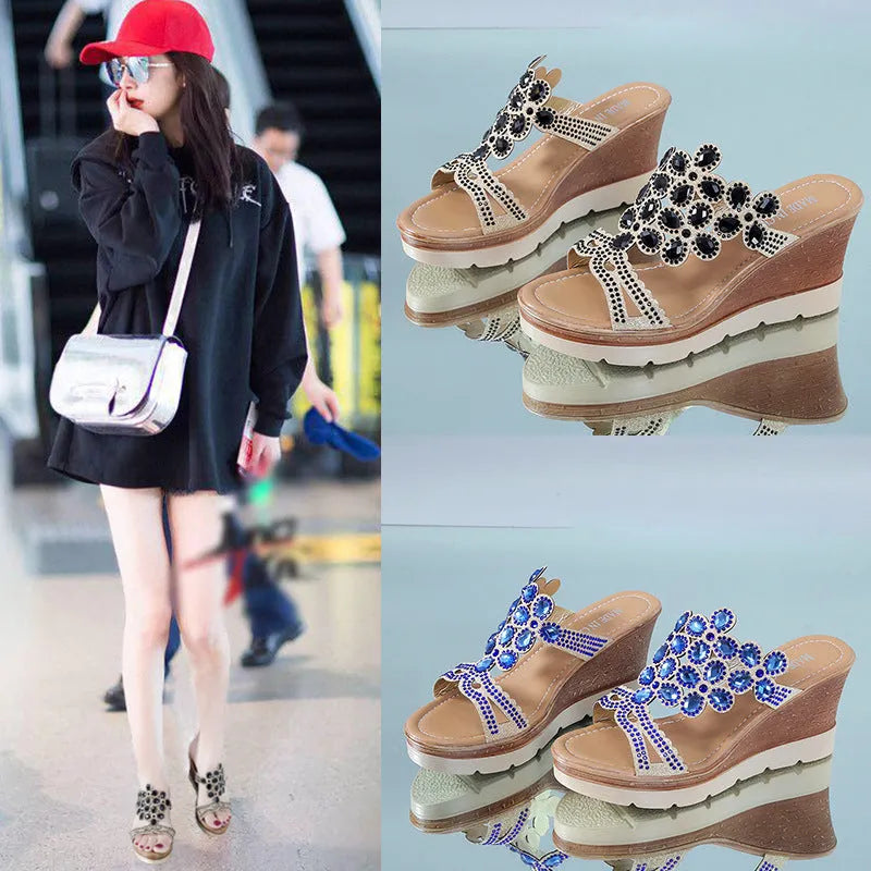 Rhinestone platform wedge sandals with slope heels, solid colour artificial PU upper and non-slip rubber sole