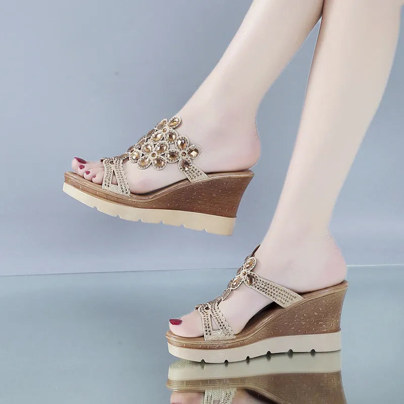 Rhinestone platform wedge sandals with slope heels, solid colour artificial PU upper and non-slip rubber sole