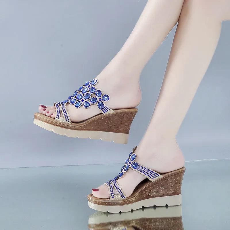 Rhinestone platform wedge sandals with slope heels, solid colour artificial PU upper and non-slip rubber sole