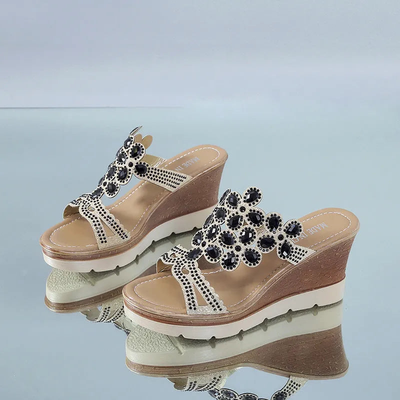 Rhinestone platform wedge sandals with slope heels, solid colour artificial PU upper and non-slip rubber sole