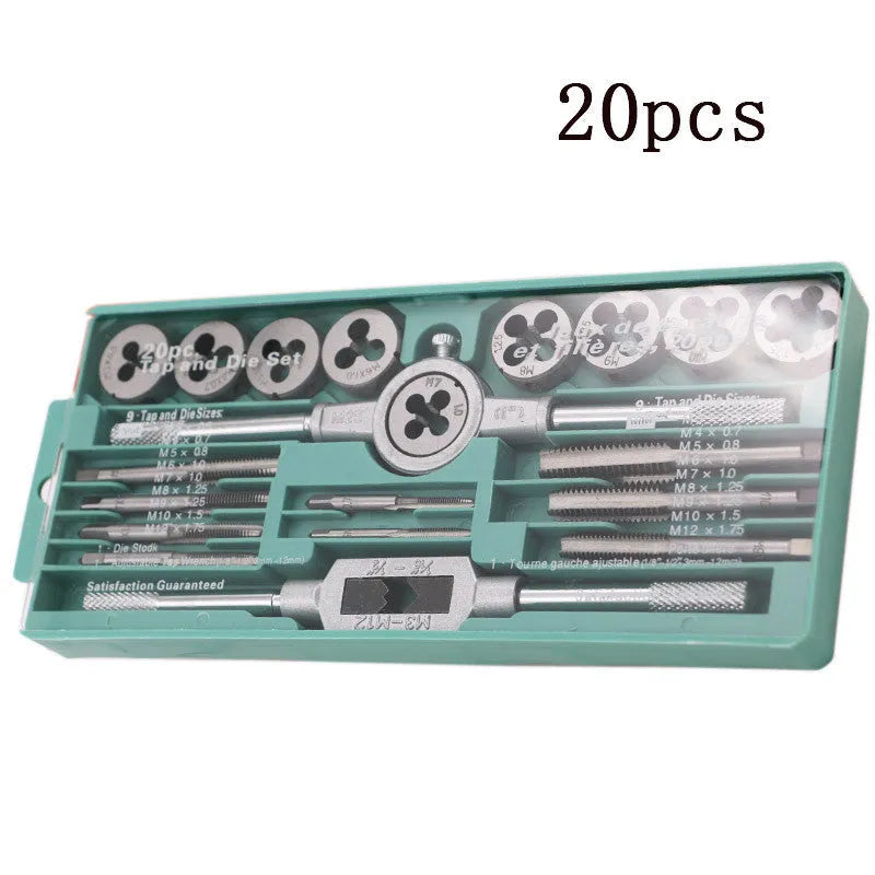 Metric tap and die set with silver and titanium-plated 20-piece kits for hand use.
