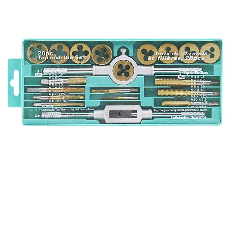 Metric tap and die set with silver and titanium-plated 20-piece kits for hand use.