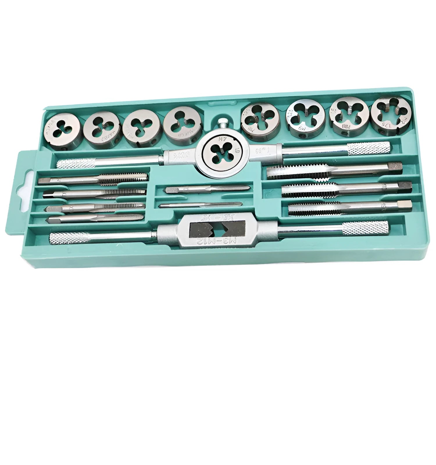 Metric tap and die set with silver and titanium-plated 20-piece kits for hand use.