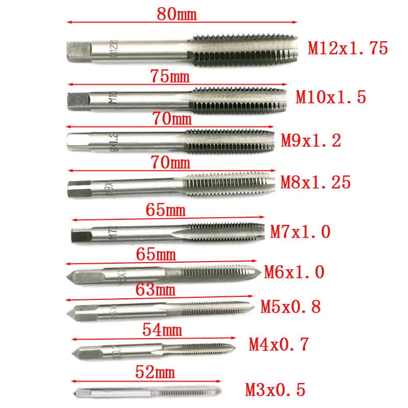 Metric tap and die set with silver and titanium-plated 20-piece kits for hand use.