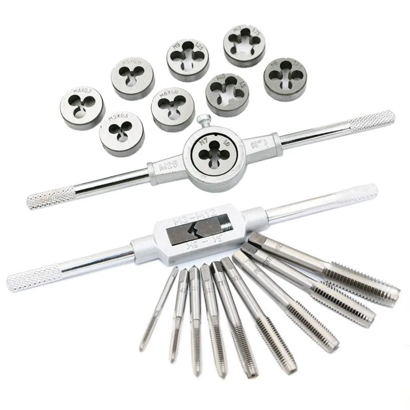Metric tap and die set with silver and titanium-plated 20-piece kits for hand use.