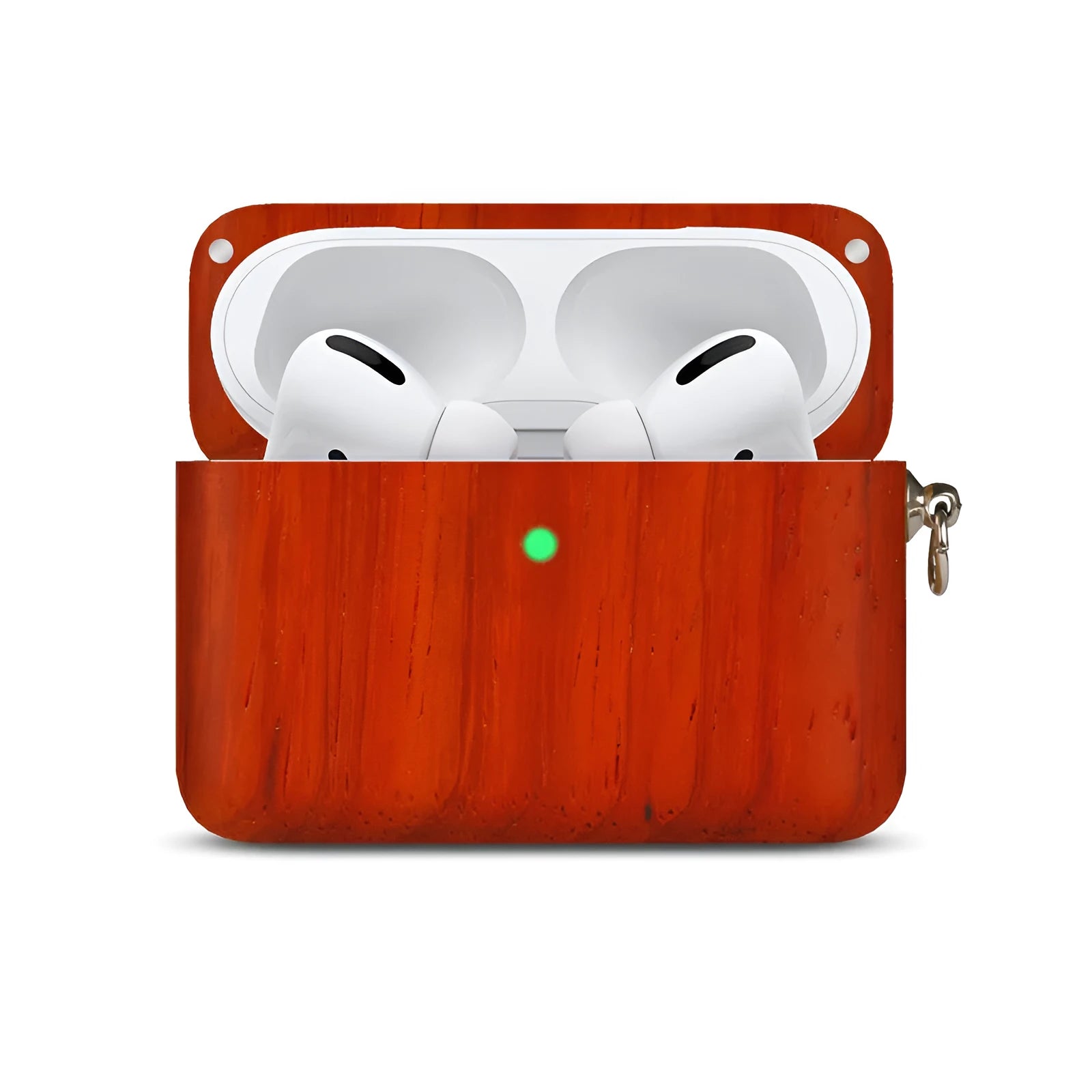 Solid wood hard shell case for Bluetooth earphones compatible with Apple iPhones, shown in various wood finishes.