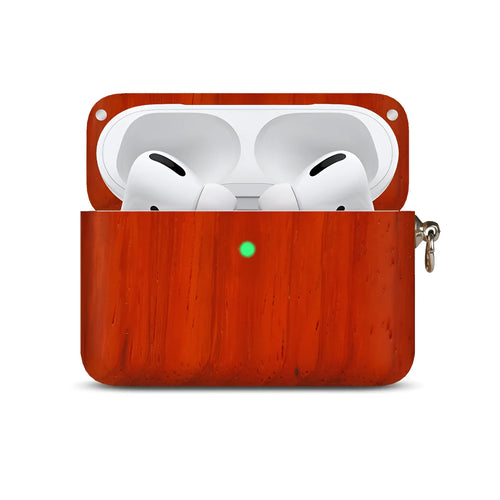 Solid wood hard shell case for Bluetooth earphones compatible with Apple iPhones, shown in various wood finishes.