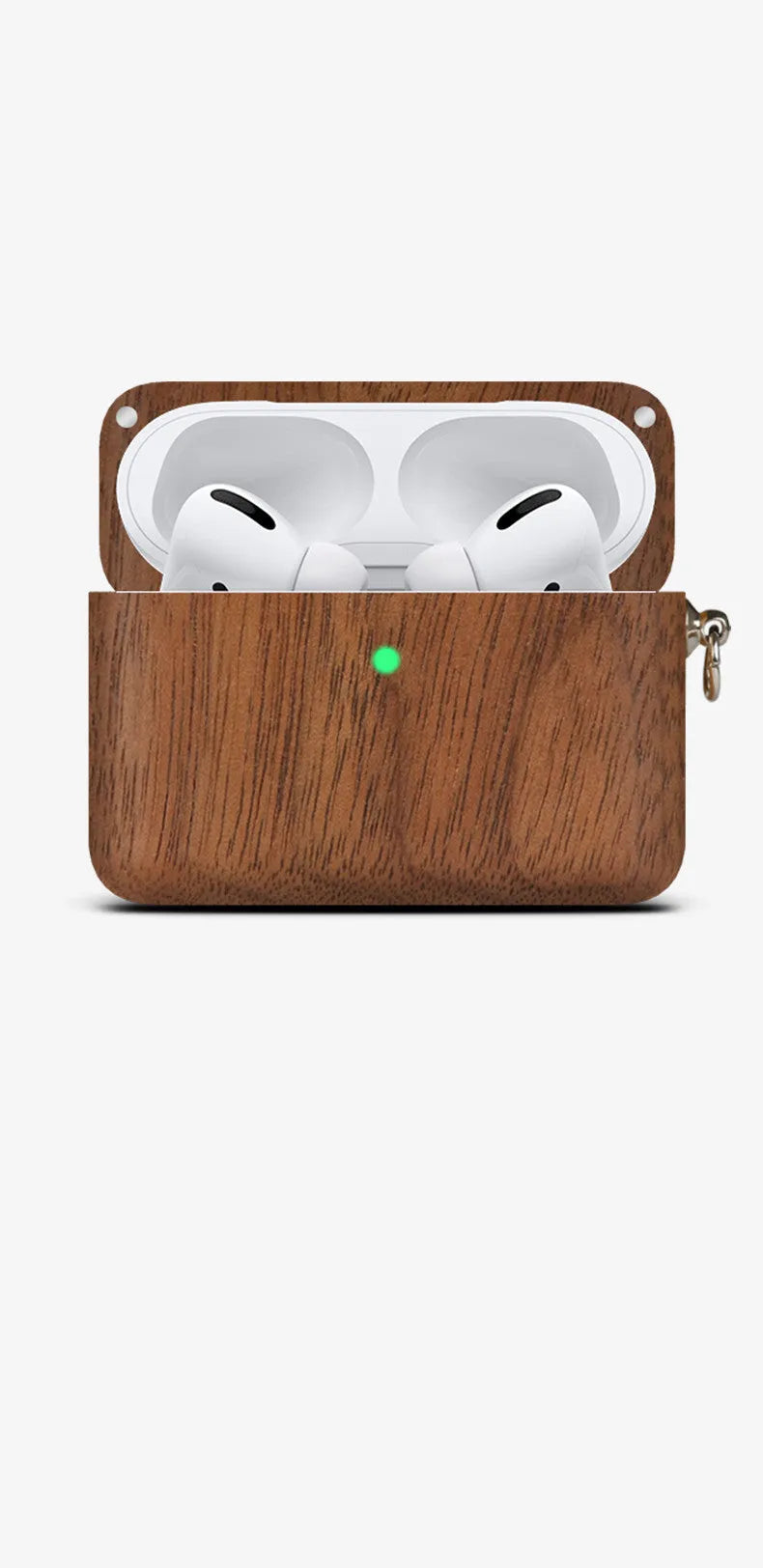 Solid wood hard shell case for Bluetooth earphones compatible with Apple iPhones, shown in various wood finishes.