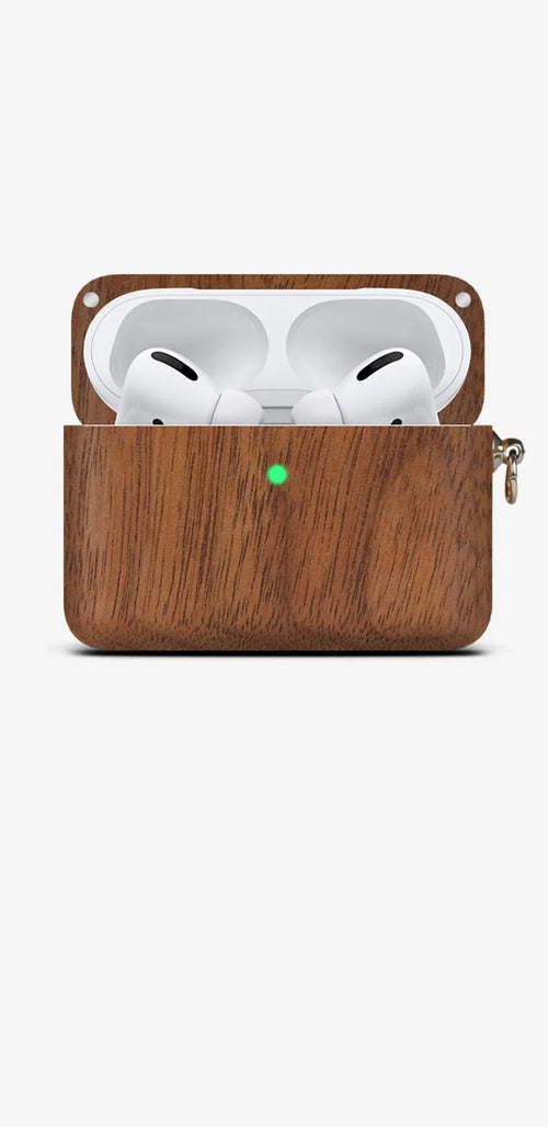 Solid wood hard shell case for Bluetooth earphones compatible with Apple iPhones, shown in various wood finishes.