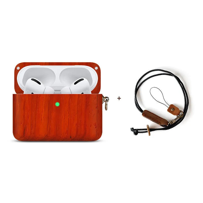 Solid wood hard shell case for Bluetooth earphones compatible with Apple iPhones, shown in various wood finishes.
