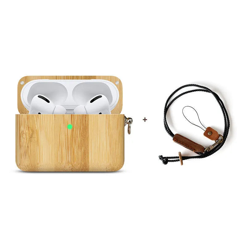 Solid wood hard shell case for Bluetooth earphones compatible with Apple iPhones, shown in various wood finishes.