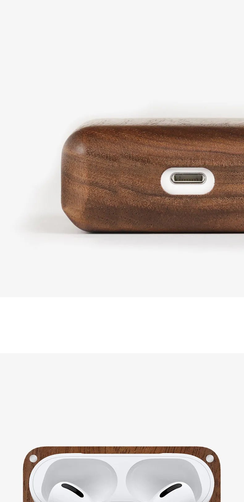 Solid wood hard shell case for Bluetooth earphones compatible with Apple iPhones, shown in various wood finishes.