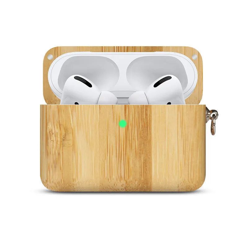 Solid wood hard shell case for Bluetooth earphones compatible with Apple iPhones, shown in various wood finishes.