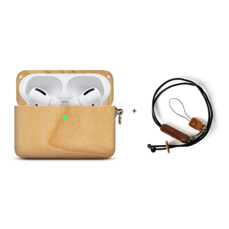 Solid wood hard shell case for Bluetooth earphones compatible with Apple iPhones, shown in various wood finishes.